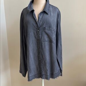Liverpool Grey Chambray Frayed Raw Edge Hem Shirt